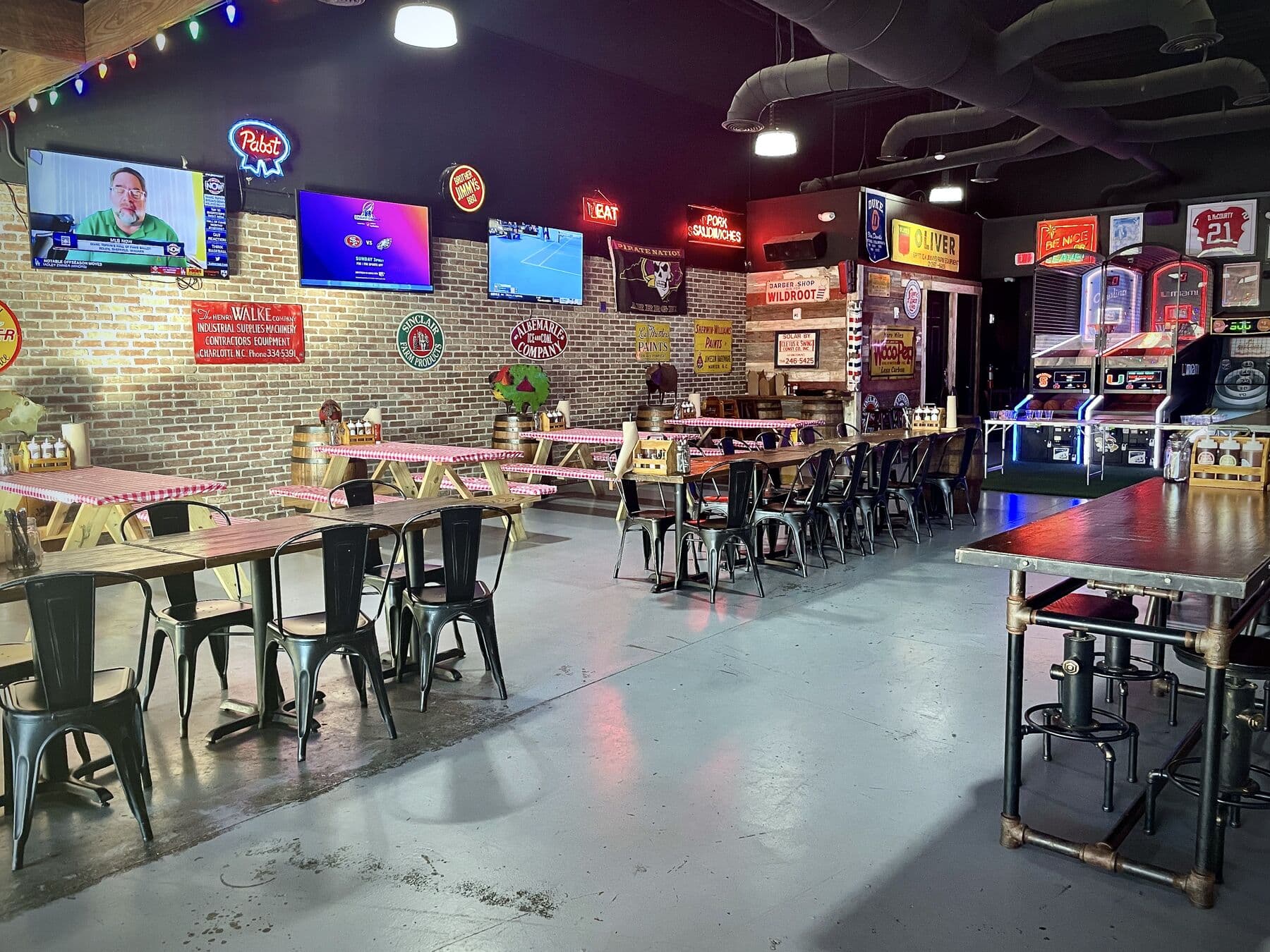 The game day wall of TVs over the bar